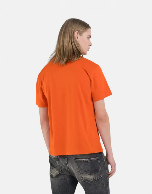 Replay Men's Blaze Orange Cotton Crew-Neck T-Shirt with Motorcycle Store Logo