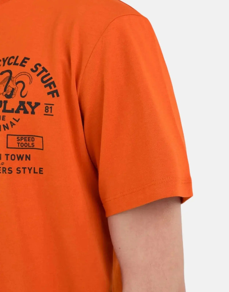 Replay Men's Blaze Orange Cotton Crew-Neck T-Shirt with Motorcycle Store Logo