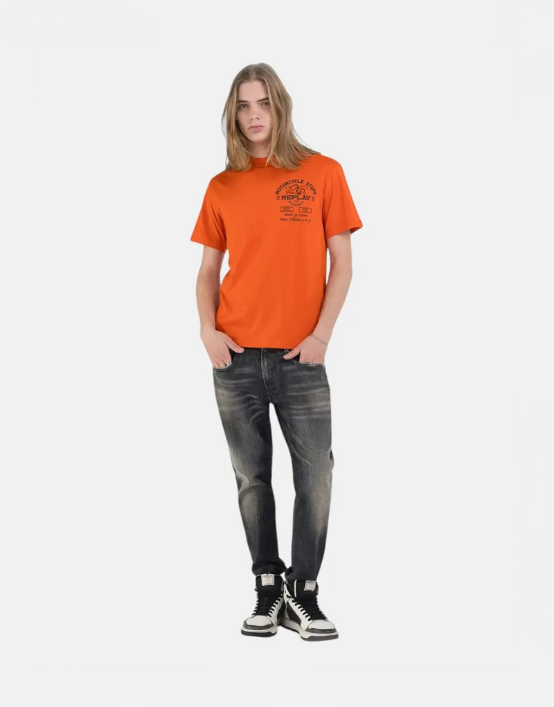 Replay Men's Blaze Orange Cotton Crew-Neck T-Shirt with Motorcycle Store Logo