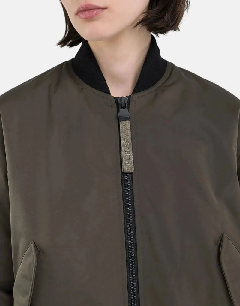 Replay Mud Green Bomber Jacket for Women - Stylish Poly Satin Outerwear