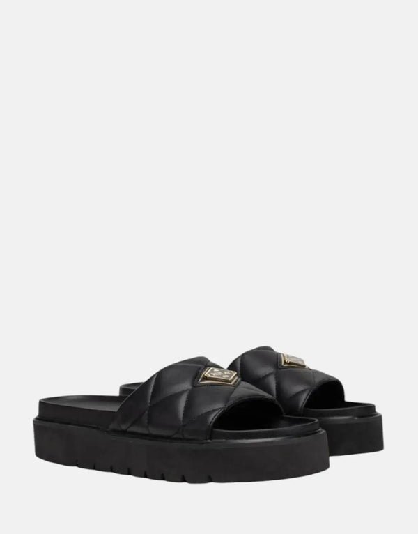 Replay Muddy Quilt Women's Black Comfort Slides with Metal Logo Badge