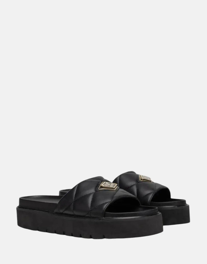 Replay Muddy Quilt Women's Black Comfort Slides with Metal Logo Badge
