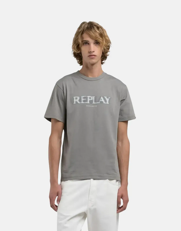 Replay Faded Grey Military Logo Cotton T-Shirt: Soft, Regular Fit, Iconic Style