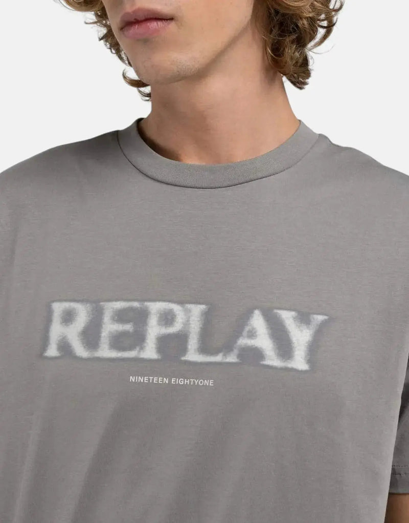Replay Faded Grey Military Logo Cotton T-Shirt: Soft, Regular Fit, Iconic Style