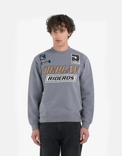 Replay Men's Patch Rider DS Grey Crew-Neck Cotton Sweatshirt Urban Street Style