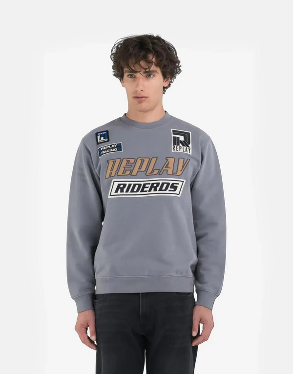 Replay Men's Patch Rider DS Grey Crew-Neck Cotton Sweatshirt Urban Street Style
