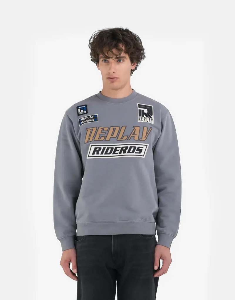 Replay Men's Patch Rider DS Grey Crew-Neck Cotton Sweatshirt Urban Street Style