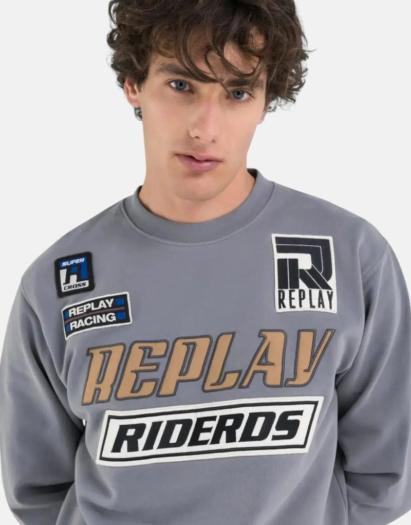 Replay Men's Patch Rider DS Grey Crew-Neck Cotton Sweatshirt Urban Street Style
