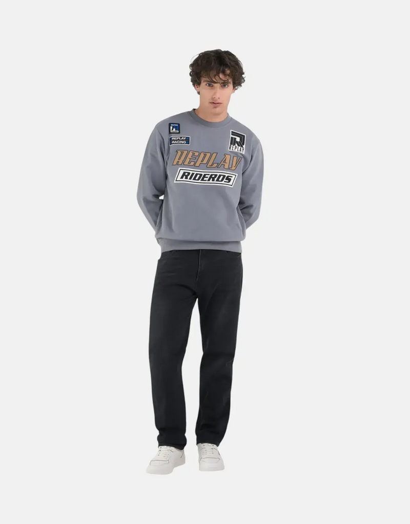 Replay Men's Patch Rider DS Grey Crew-Neck Cotton Sweatshirt Urban Street Style