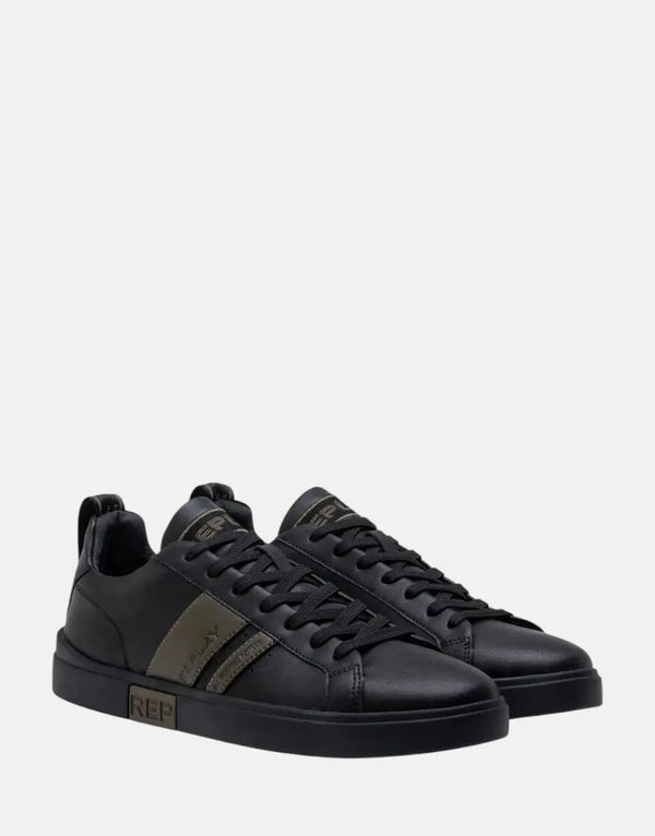 Replay Poly Stripes 2 Black Mil Green Sneakers: Stylish Comfort, Leather Upper