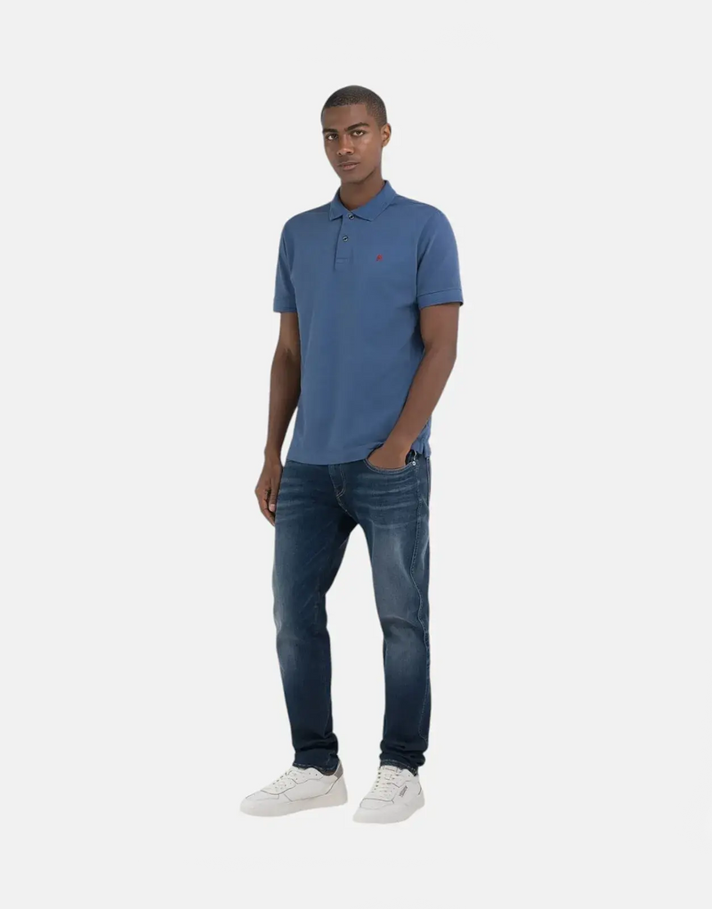 Replay Men's R Badge Organic Cotton Pique Polo Shirt - Stylish Blue Comfort