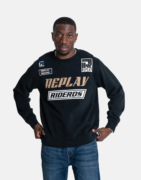 Replay Men's Racing Badges Sweatshirt: Black, Graphic Print, Crewneck Pullover