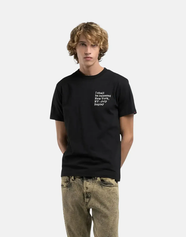 Replay Men's Black Cotton Crew Neck T-Shirt with Unique Lettering
