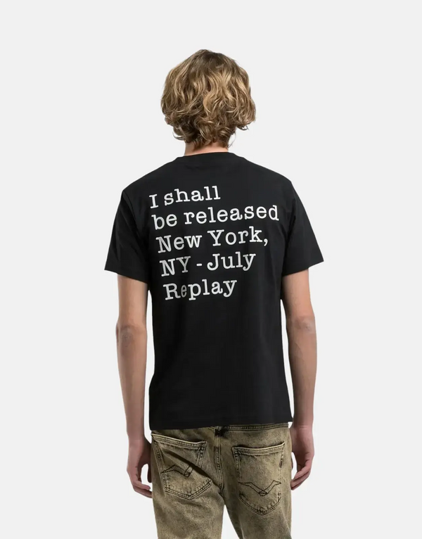 Replay Men's Black Cotton Crew Neck T-Shirt with Unique Lettering