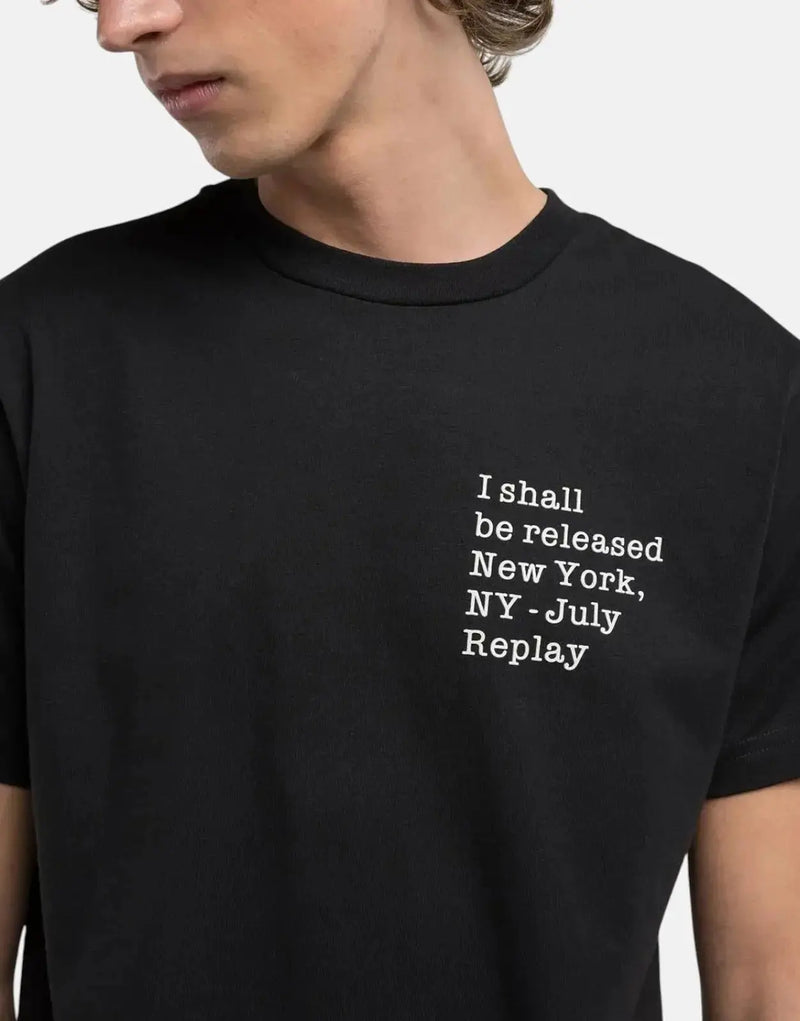 Replay Men's Black Cotton Crew Neck T-Shirt with Unique Lettering