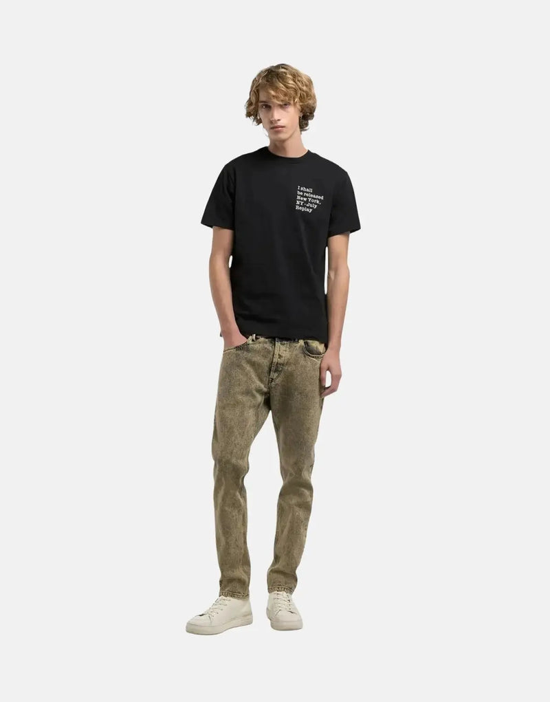 Replay Men's Black Cotton Crew Neck T-Shirt with Unique Lettering