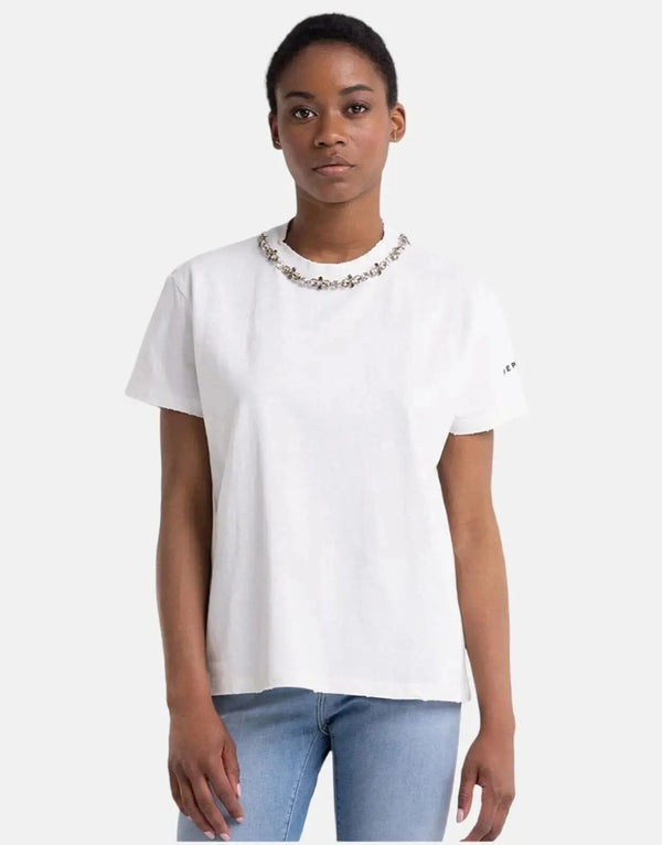 Replay Women's Soft Cotton Oversized T-Shirt with Rhinestone Collar Detail