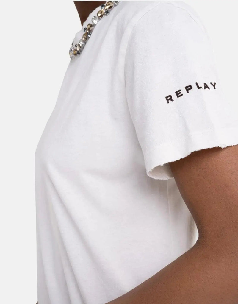 Replay Women's Soft Cotton Oversized T-Shirt with Rhinestone Collar Detail