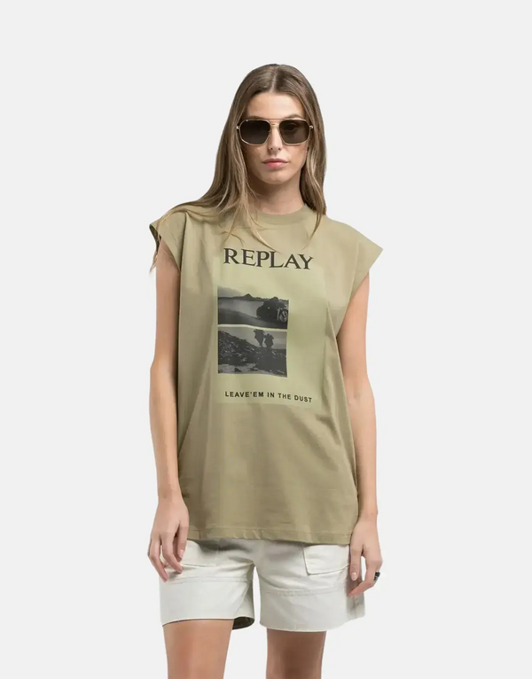 Replay Roadtrip Boy-Fit Cotton T-Shirt: Desert Print, Military Green Style