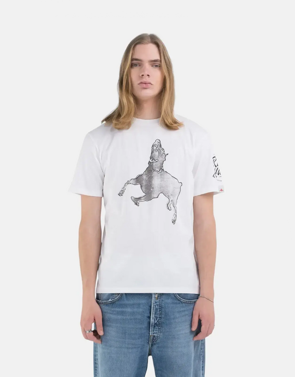 Replay Men's Shadow Dog Graphic White Cotton Crew Neck T-Shirt