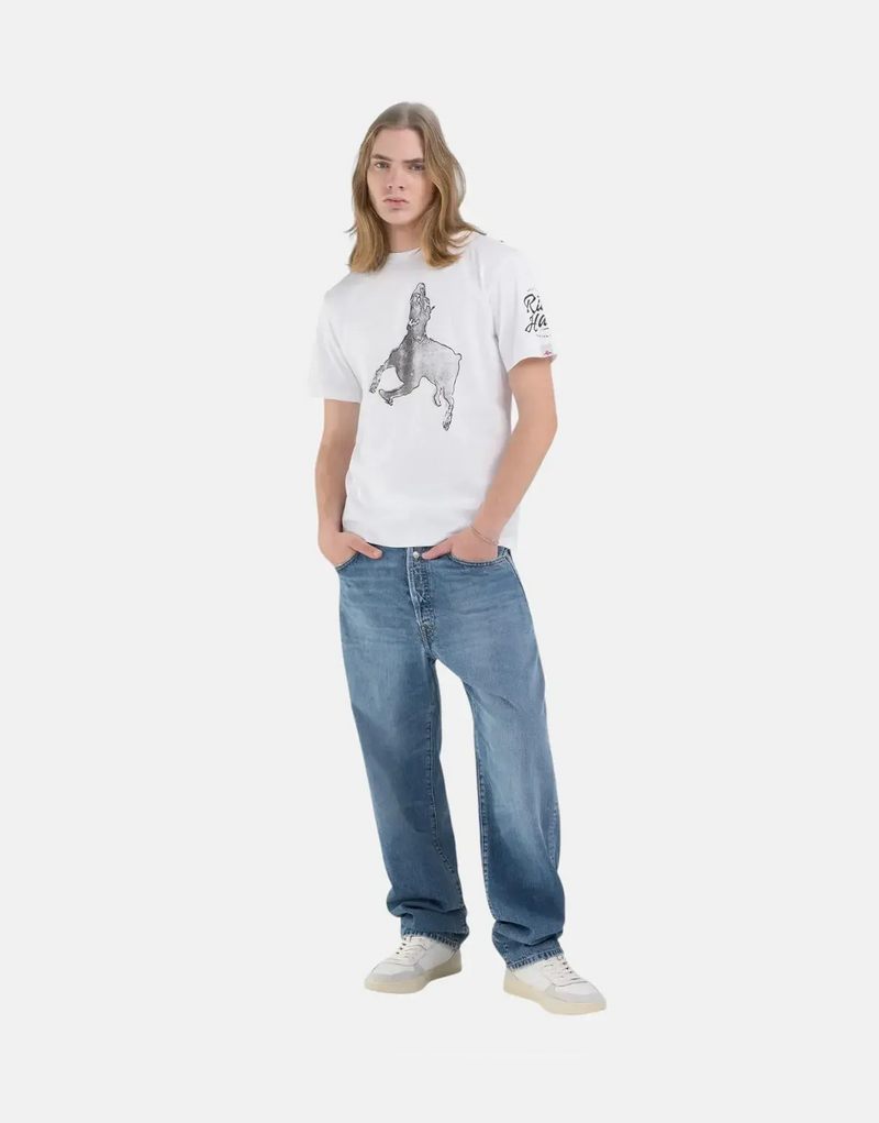 Replay Men's Shadow Dog Graphic White Cotton Crew Neck T-Shirt