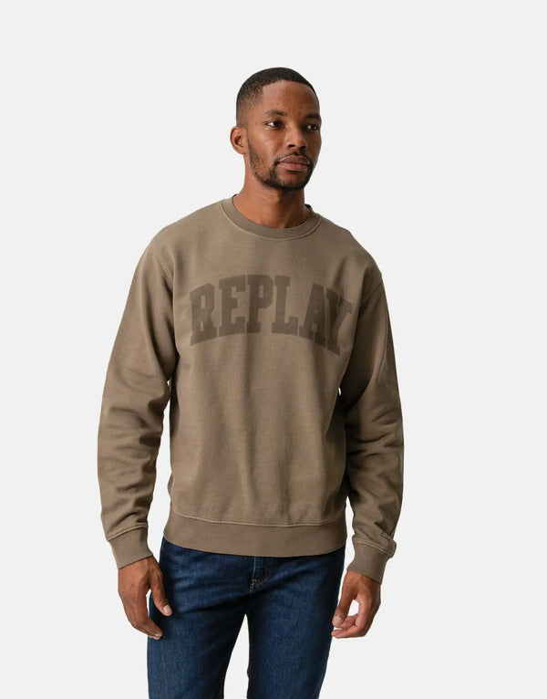 Replay Men's Stone Green Thick Logo Print Fleece Sweatshirt Comfort Fit