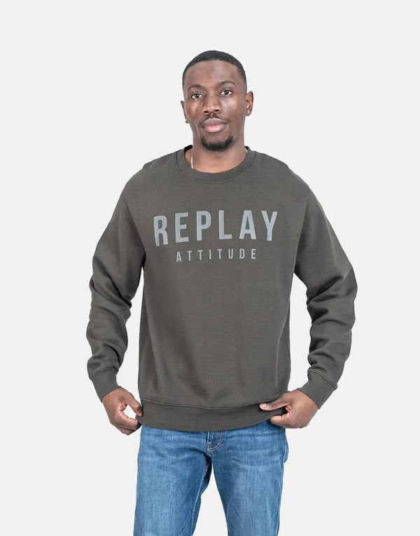 Replay Men's Tonal Font Dark Grey Sweatshirt, Comfortable Stylish Casual Pullover