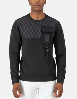 SPCC Allora Men's Black Scuba Crew Neck Sweatshirt, Monogram Overlay, Patch Pocket
