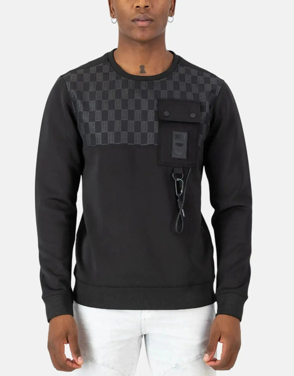 SPCC Allora Men's Black Scuba Crew Neck Sweatshirt, Monogram Overlay, Patch Pocket