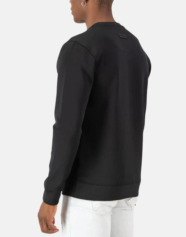 SPCC Allora Men's Black Scuba Crew Neck Sweatshirt, Monogram Overlay, Patch Pocket
