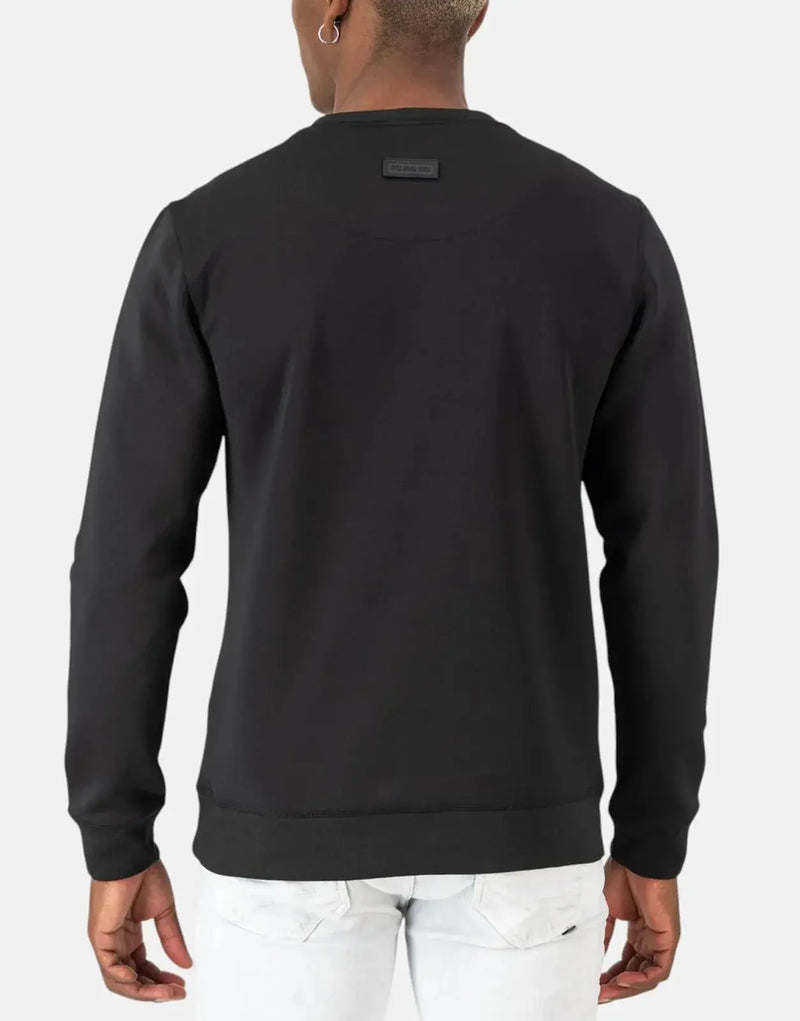 SPCC Allora Men's Black Scuba Crew Neck Sweatshirt, Monogram Overlay, Patch Pocket