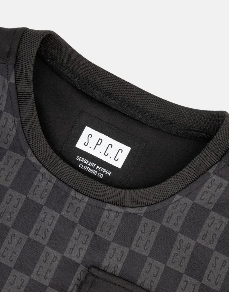 SPCC Allora Men's Black Scuba Crew Neck Sweatshirt, Monogram Overlay, Patch Pocket