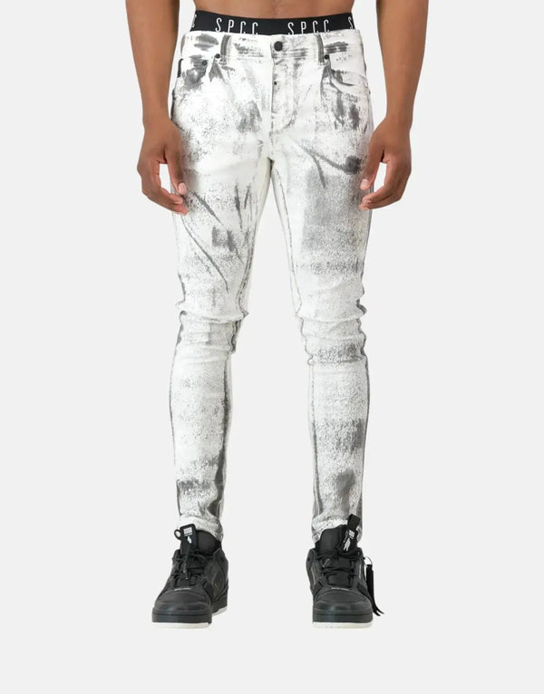 Fracture White Jeans for Men: Super Skinny Stretch Denim with Paint Splatter