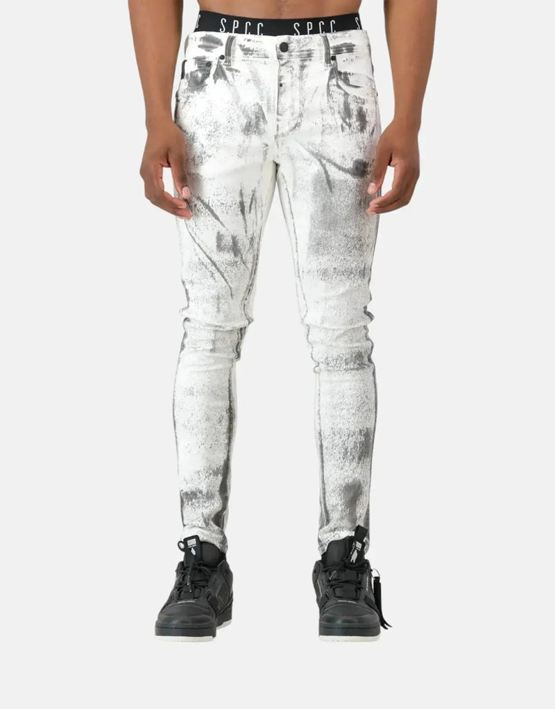 Fracture White Jeans for Men: Super Skinny Stretch Denim with Paint Splatter