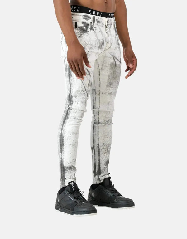 Fracture White Jeans for Men: Super Skinny Stretch Denim with Paint Splatter
