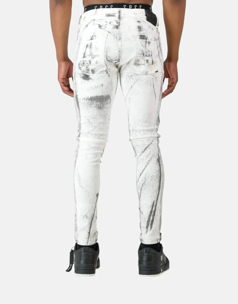 Fracture White Jeans for Men: Super Skinny Stretch Denim with Paint Splatter
