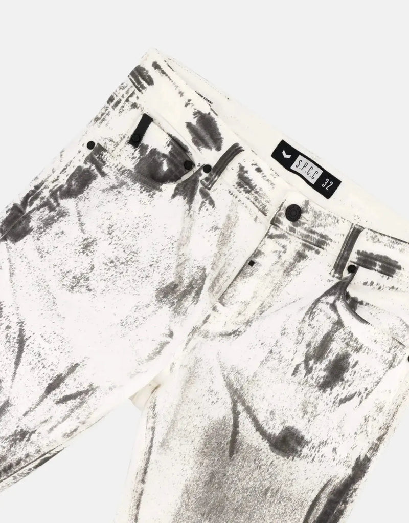 Fracture White Jeans for Men: Super Skinny Stretch Denim with Paint Splatter