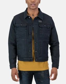 SPCC Requiem Black Denim Jacket: Wax-Coated Stretch, Rugged Trucker Style