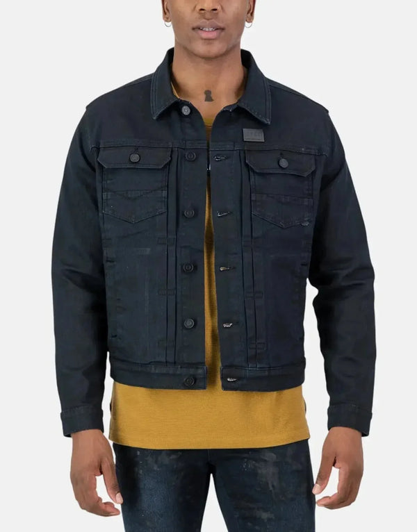 SPCC Requiem Black Denim Jacket: Wax-Coated Stretch, Rugged Trucker Style