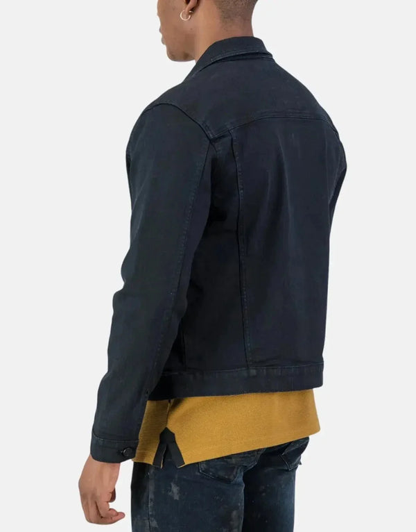SPCC Requiem Black Denim Jacket: Wax-Coated Stretch, Rugged Trucker Style