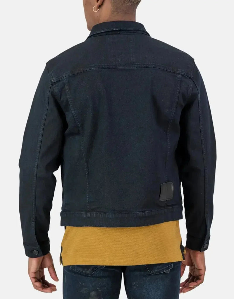 SPCC Requiem Black Denim Jacket: Wax-Coated Stretch, Rugged Trucker Style