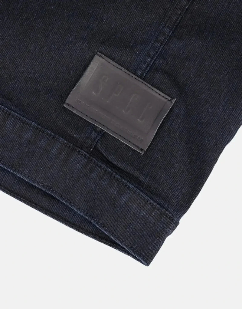 SPCC Requiem Black Denim Jacket: Wax-Coated Stretch, Rugged Trucker Style