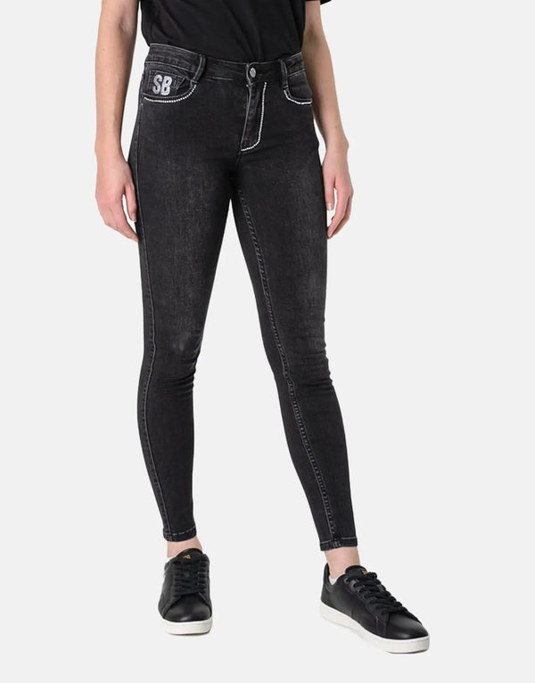 Sissy Boy Axel Women's Black Diamante Embellished Skinny Jeans for Glamorous Style