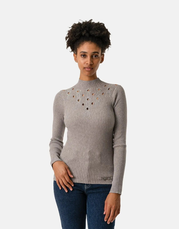 Sissy Boy Bling Open Work Knit Top, Luxurious Grey Melange Fabric, Sophisticated Style