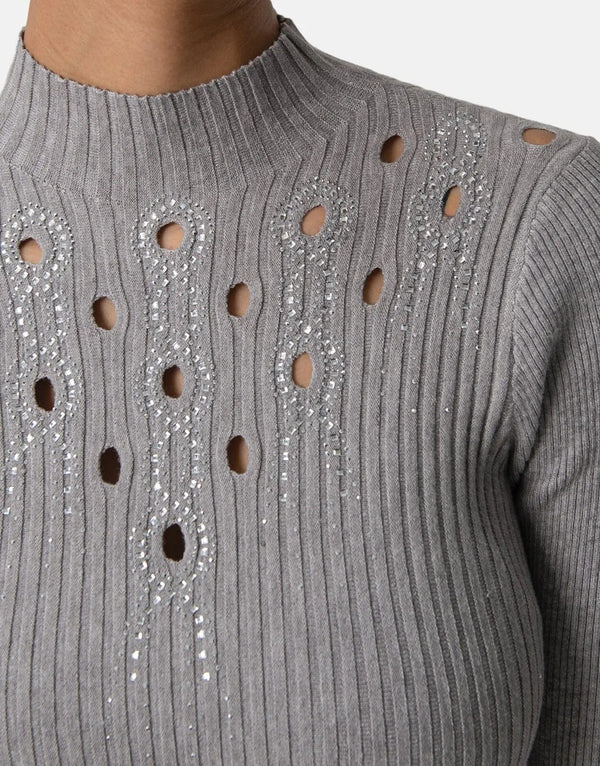 Sissy Boy Bling Open Work Knit Top, Luxurious Grey Melange Fabric, Sophisticated Style