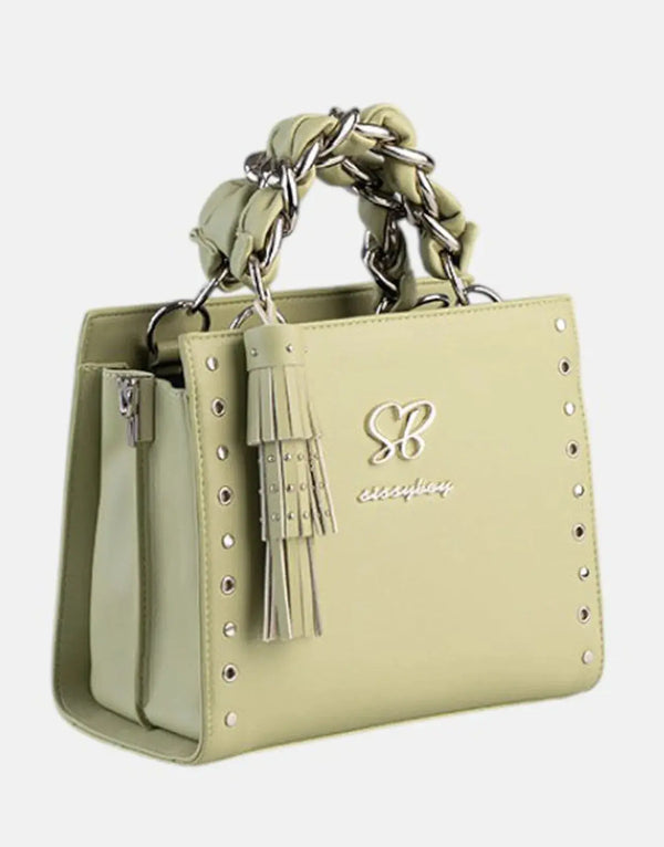 Chic Pale Green Small Tote Bag with Chain Detail - Stylish & Versatile Handbag