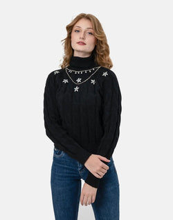 Sissy Boy Women's Chunky Knit Poloneck Sweatshirt - Cozy Black Winter Fashion