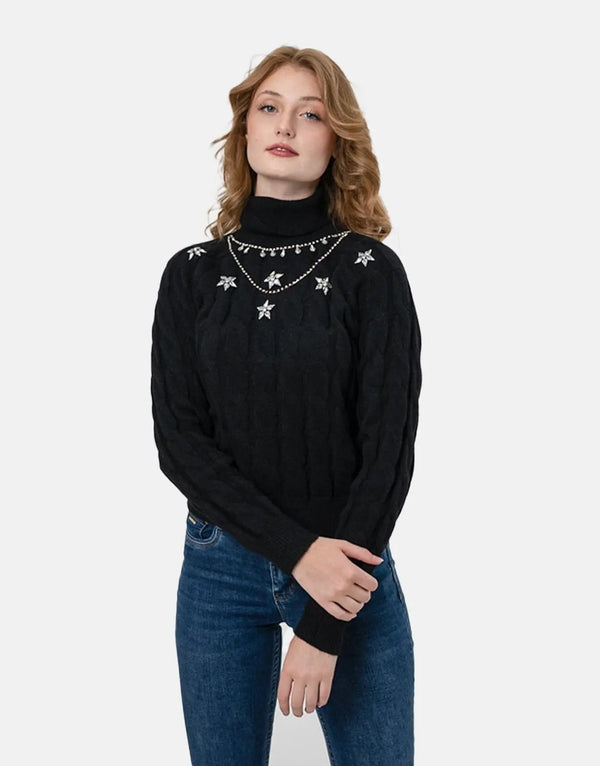 Sissy Boy Women's Chunky Knit Poloneck Sweatshirt - Cozy Black Winter Fashion