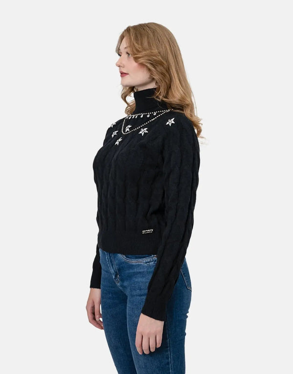 Sissy Boy Women's Chunky Knit Poloneck Sweatshirt - Cozy Black Winter Fashion