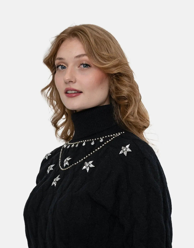 Sissy Boy Women's Chunky Knit Poloneck Sweatshirt - Cozy Black Winter Fashion